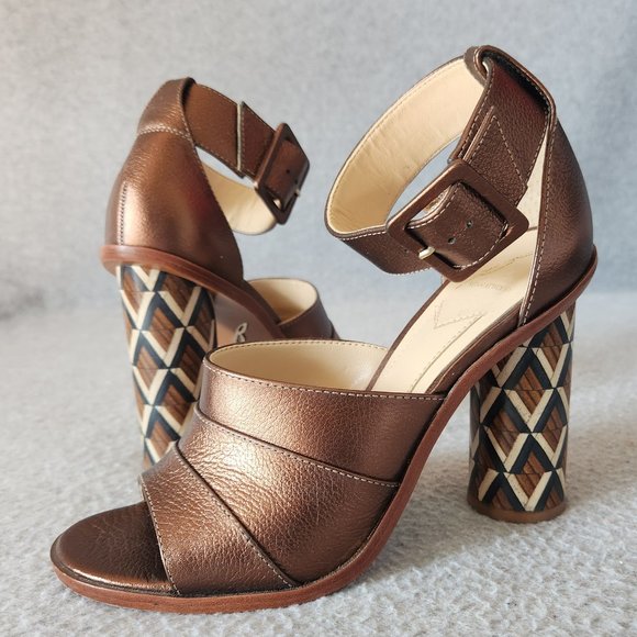 Brian Atwood B-Brandy 4" Wood Block Heel Sandal Ankle Strap Open Toe Leather - Picture 1 of 16